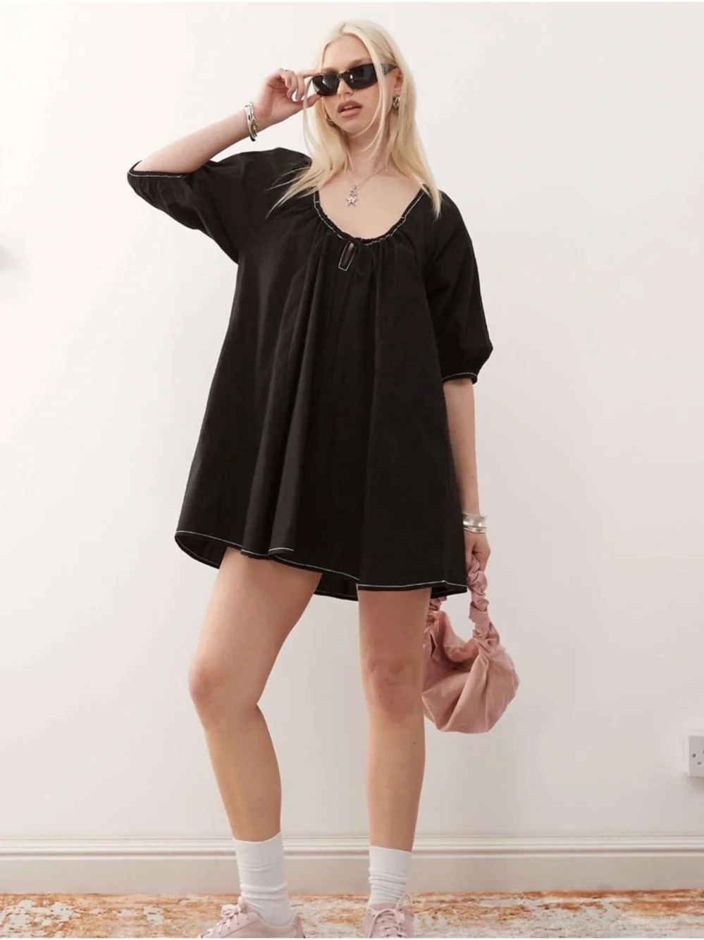 ASOS Collusion Black Short Puff Sleeve Babydoll Dress Size 4 - Picture 3 of 6